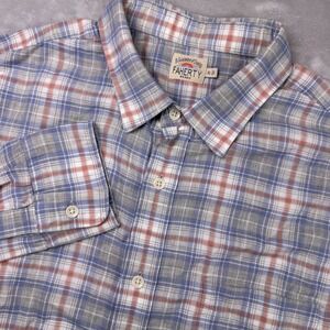 Faherty Brand Mens XL Plaid Button Down‎ Shirt Blue Grey Orange Stretch Cotton